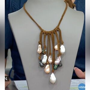 Rarities Carol Brodie Baroque Pearl Suede Waterfall Bolo Necklace Multi Color